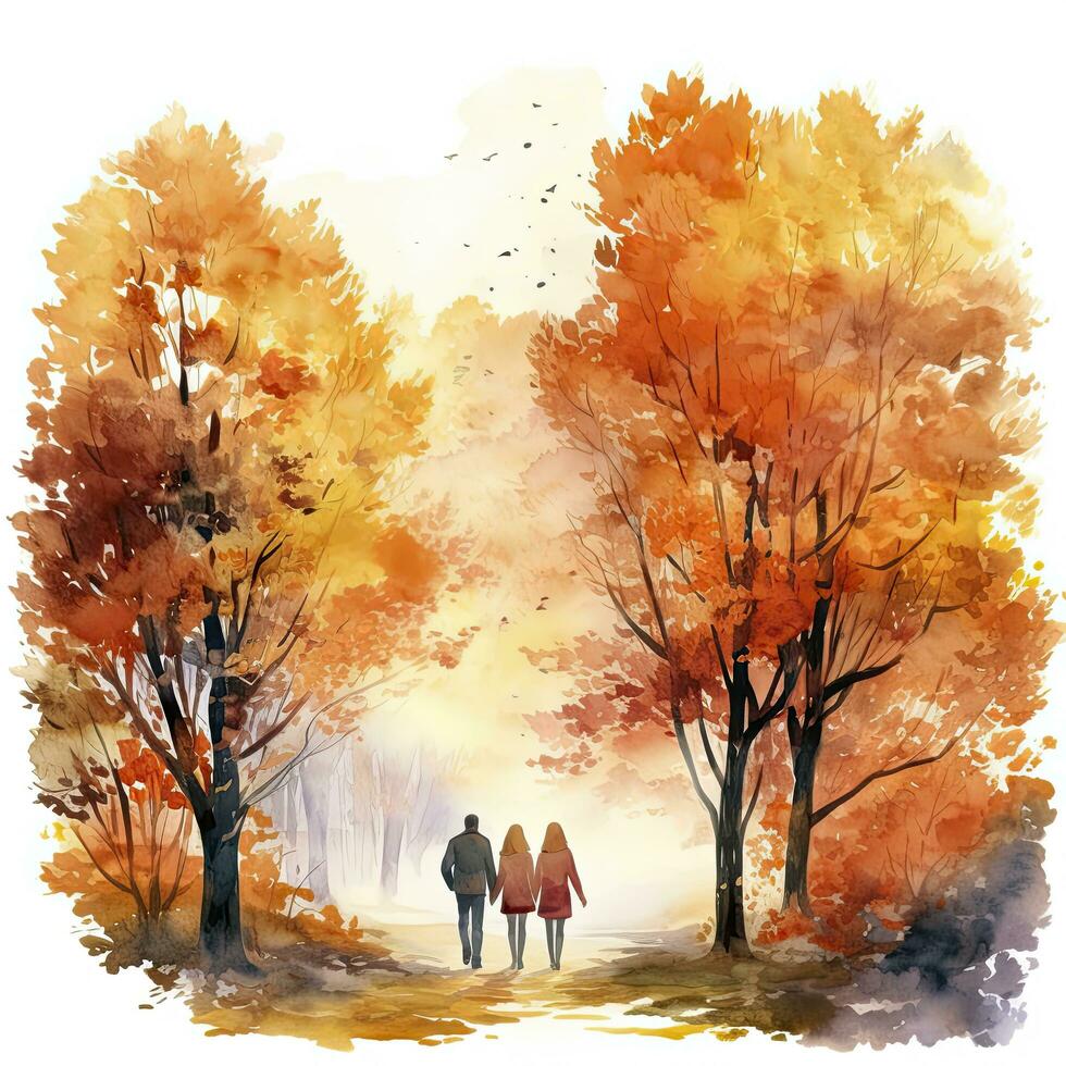 ai generado acuarela otoño paisaje con un Pareja caminando. ai generado foto