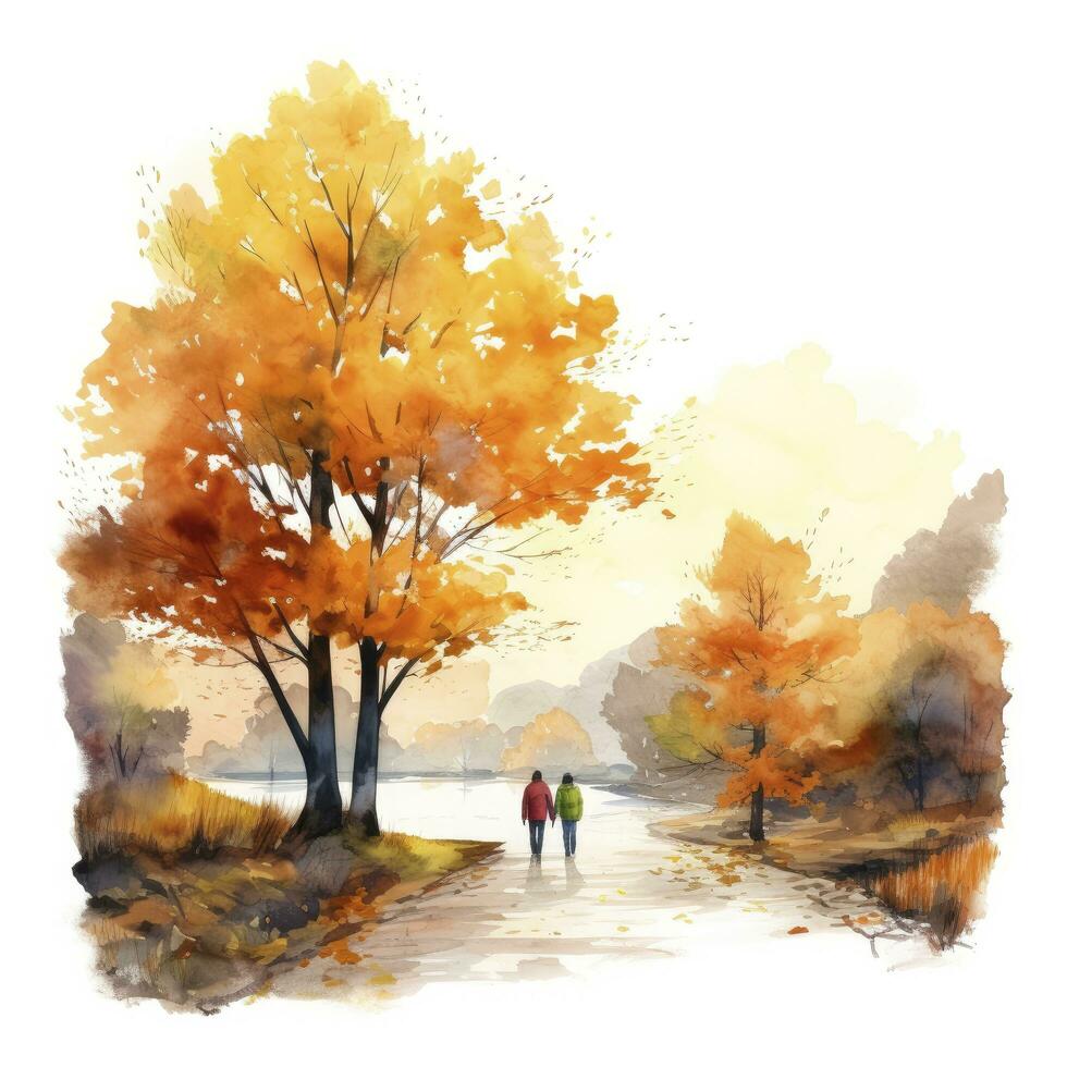 AI generated Watercolor autumn landscape with a couple walking. AI Generated photo