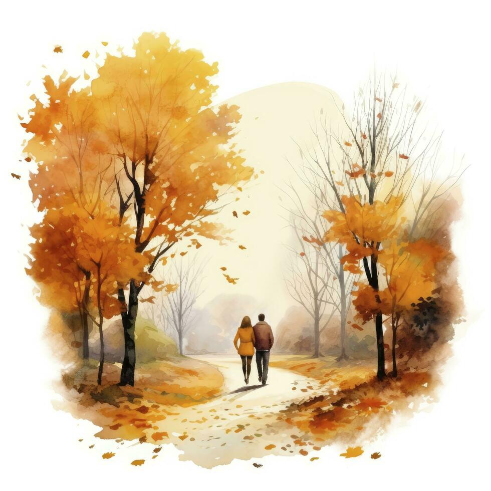 ai generado acuarela otoño paisaje con un Pareja caminando. ai generado foto