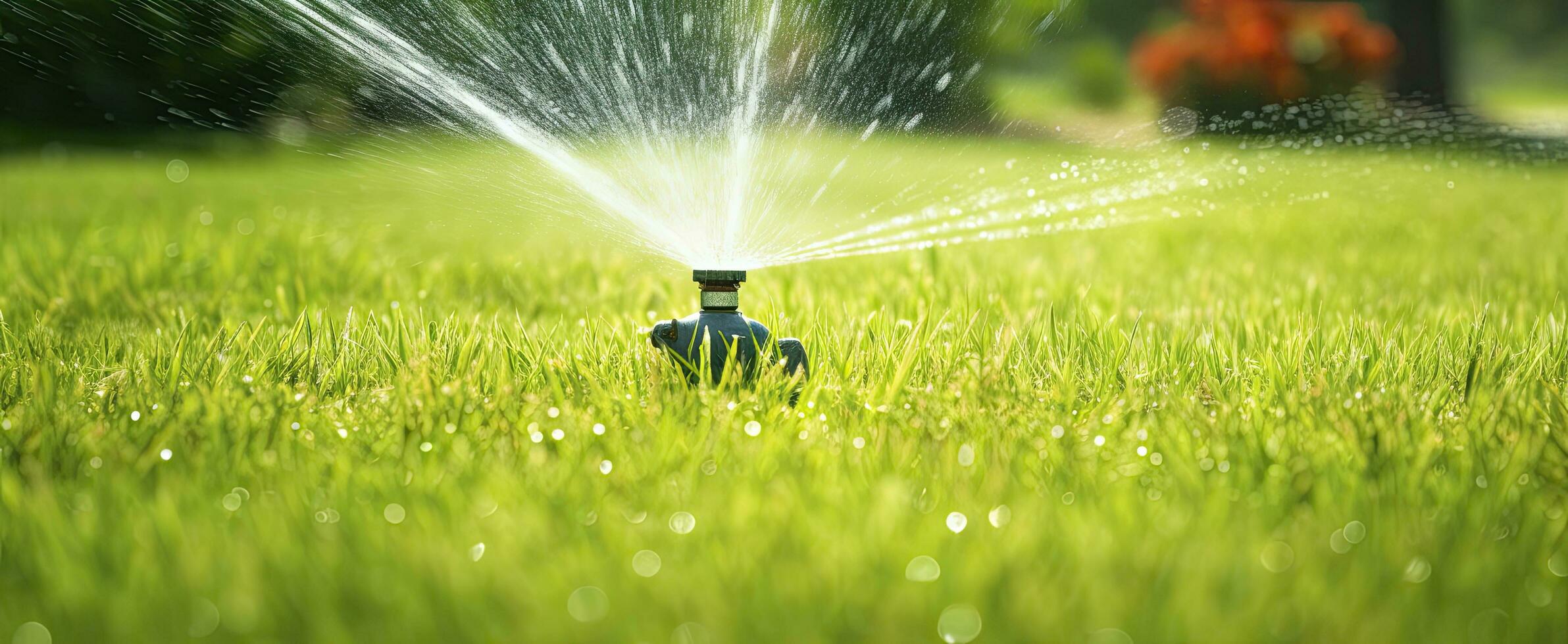 AI generated Automatic garden lawn sprinkler in action watering grass. AI Generated photo