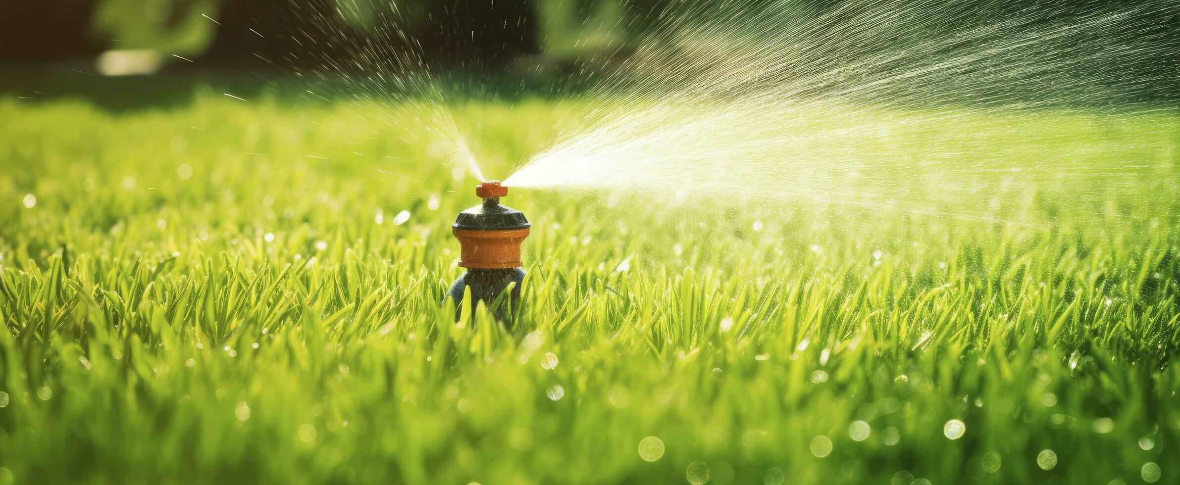 AI generated Automatic garden lawn sprinkler in action watering grass. AI Generated photo