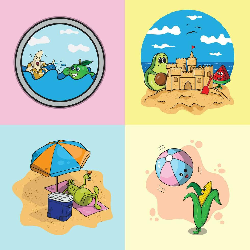 4 summer illustrations, a laughing banana swimming with a green plum in the ocean, sunbathing pear, an avocado building a sandcastle with a watermelon, and a cute corn playing with a beach balloon. vector
