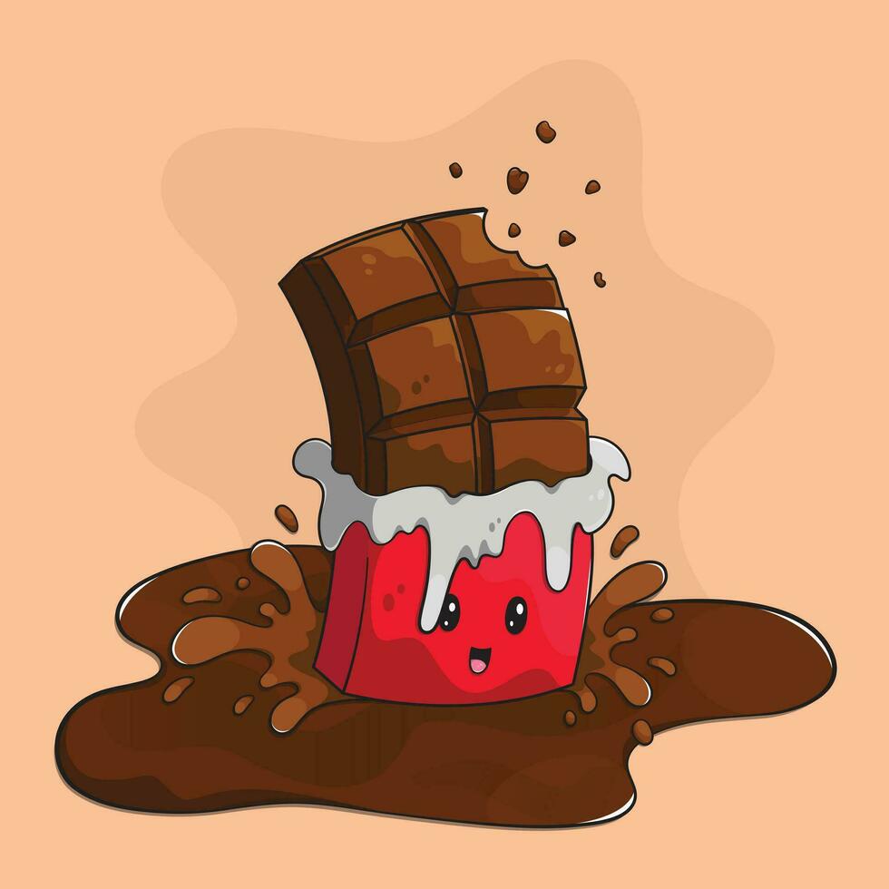 Sweet cartoon chocolate bar character  standing on a melting chocolate lake. vector