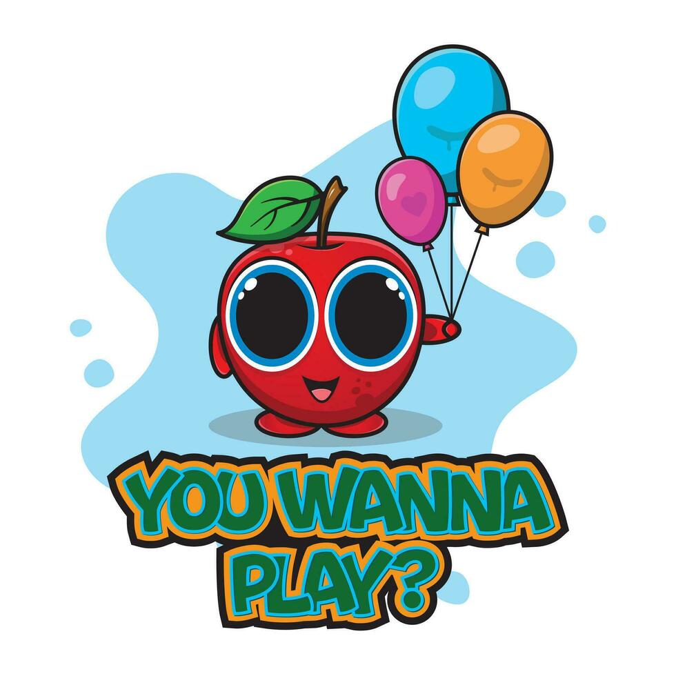 Cute little apple holding colorful balloons at a party, asking someone to play with her. vector