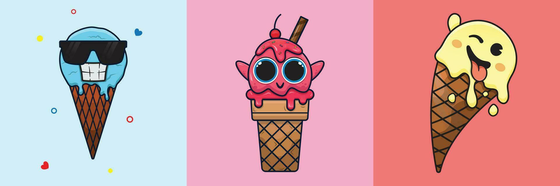 Cool, happy, and wink ice cream emotes with vanilla, mint chip, and strawberry flavor. vector