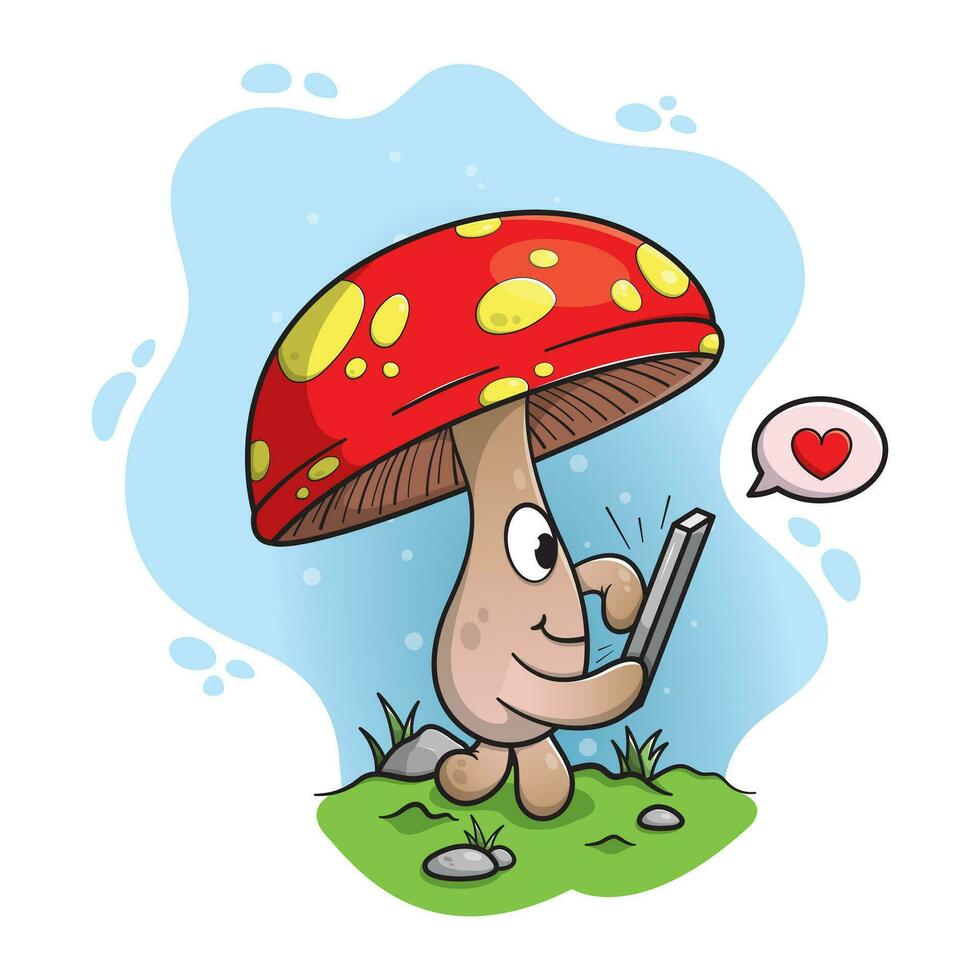 A cute mushroom walking in a forest and dropping a like on his phone. vector