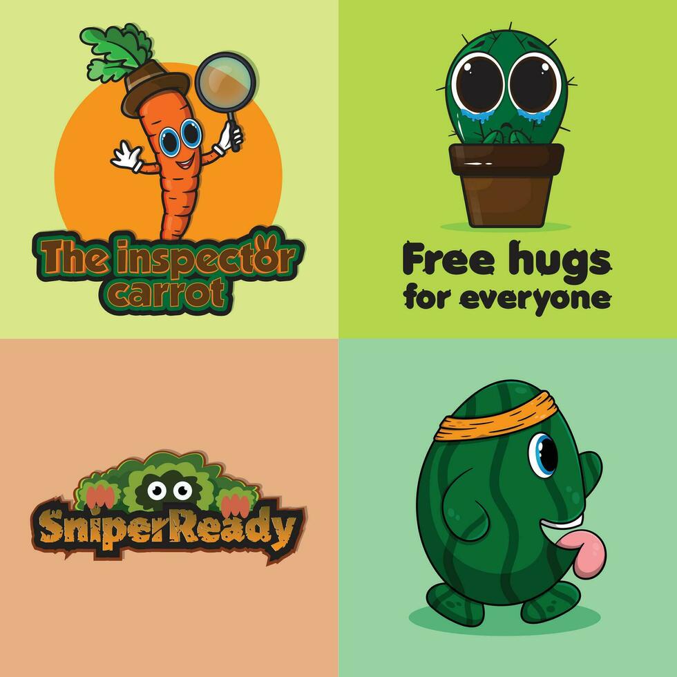 4 character illustrations, crying cactus, watermelon runner, sniper camouflage, and the cutest inspector carrot. vector