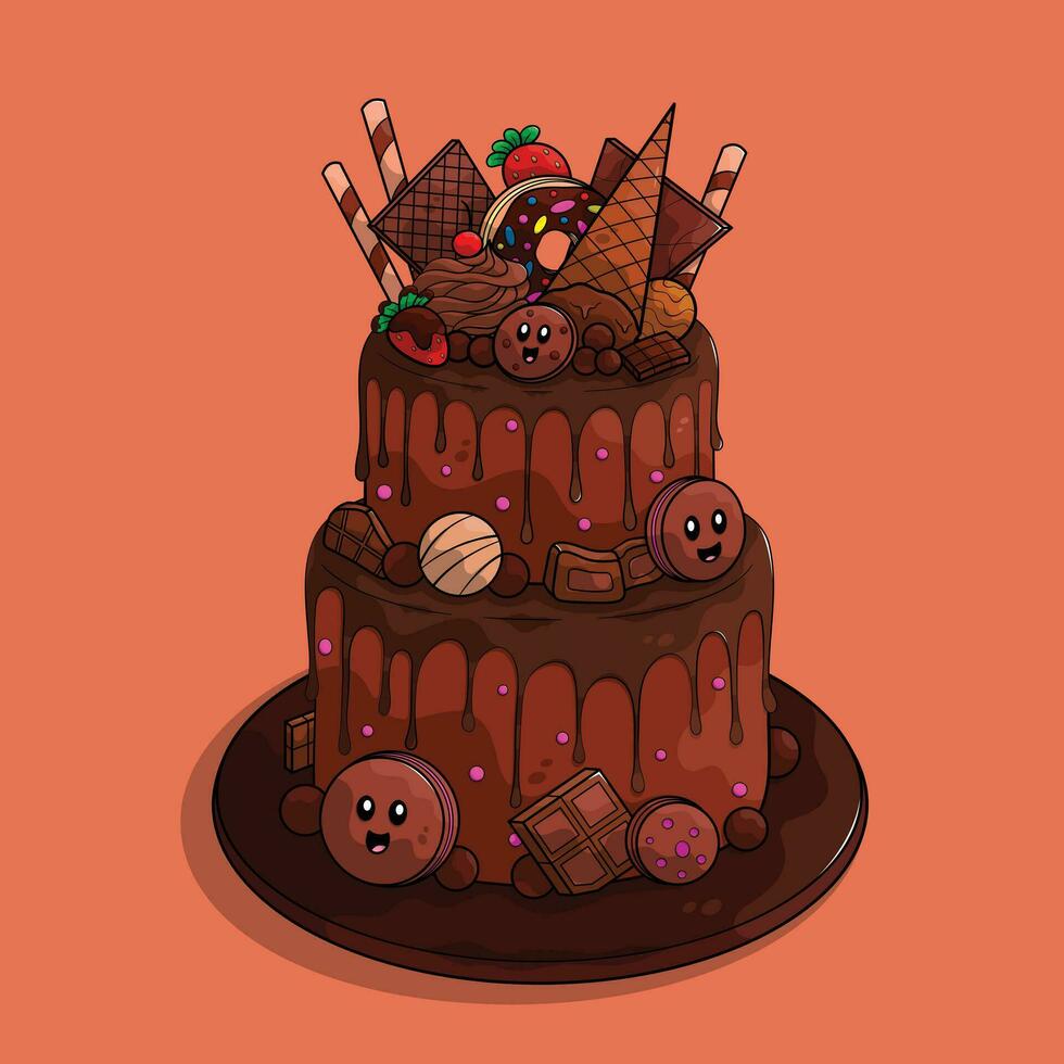 Two-tier celebration chocolate cake with variant of sweet candies decoration. vector