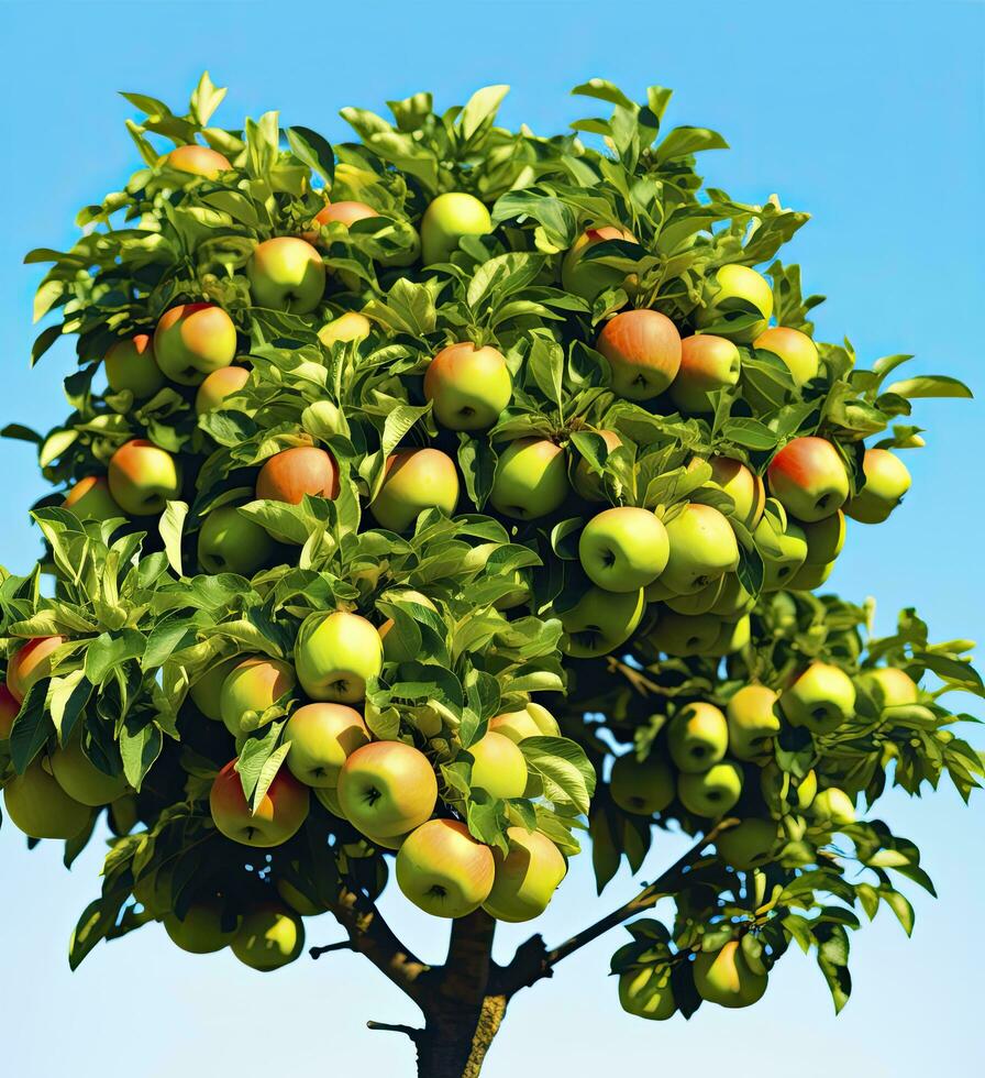 AI generated A apple tree withe apple against a blue sky photo