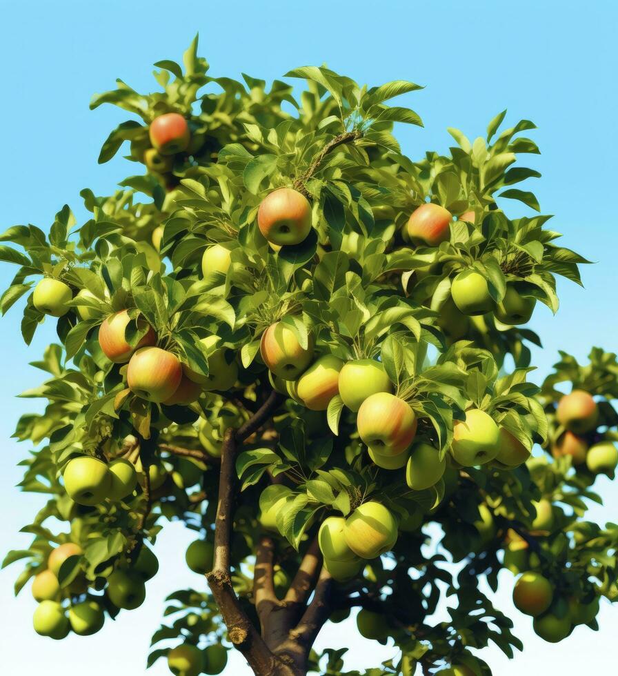 AI generated A apple tree withe apple against a blue sky photo