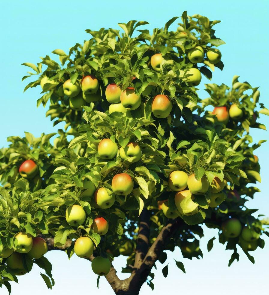 AI generated A apple tree withe apple against a blue sky photo