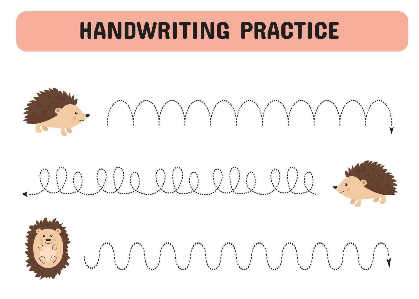 Tracing lines for children. Handwriting practice with hedgehogs and mushrooms. Educational game for preschool kids. Printable Page worksheet. Vector illustration.