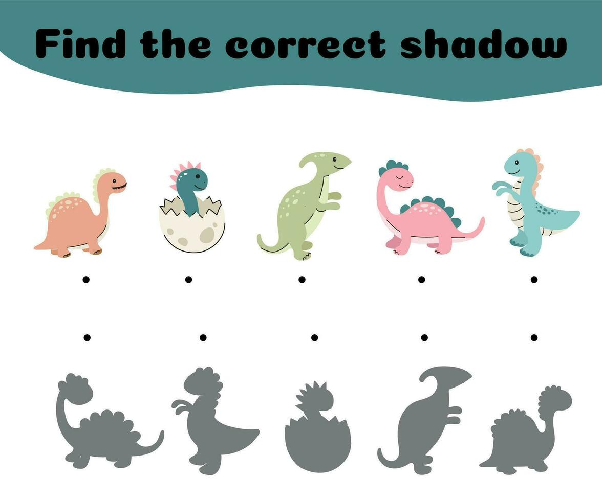 Find the correct shadow of the dinosaurs. Childish paper educational toy with cartoon cute dragons. Developing play, dinos characters and shadows, nowadays vector template