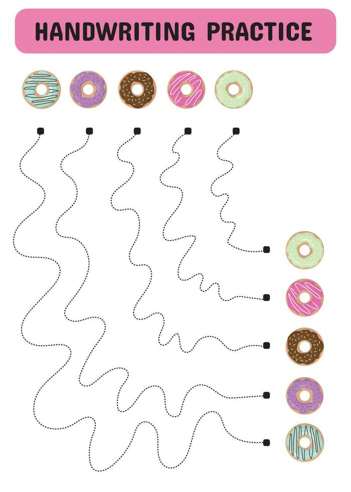 Tracing lines for children. Handwriting practice with donuts. Educational game for preschool kids. Printable Page worksheet. Vector illustration.
