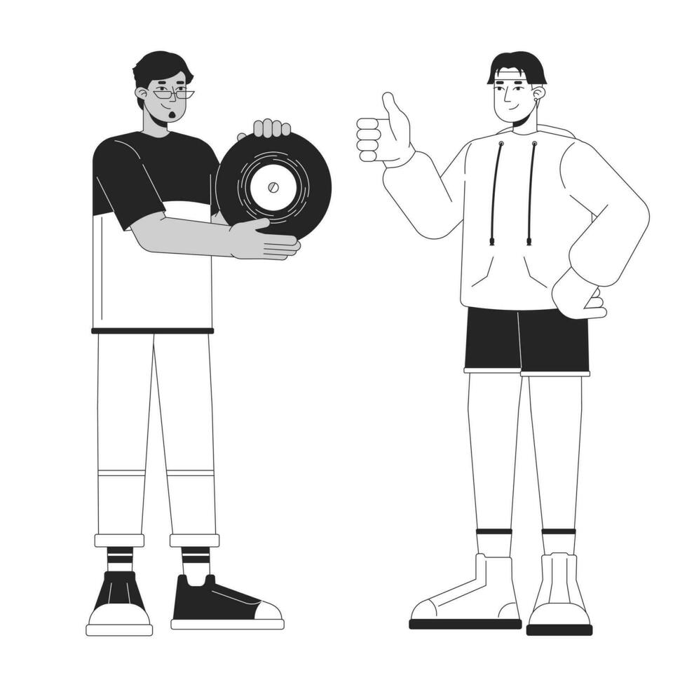 Showing off vinyl record black and white cartoon flat illustration. Best friends male retro enthusiasts diverse 2D lineart characters isolated. Nostalgia fashion monochrome scene vector outline image