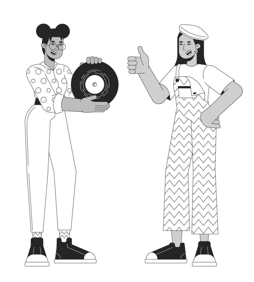 Showing off phonograph record black and white cartoon flat illustration. 80s lovers friends diverse 2D lineart characters isolated. Approval thumb up. Nostalgia monochrome scene vector outline image