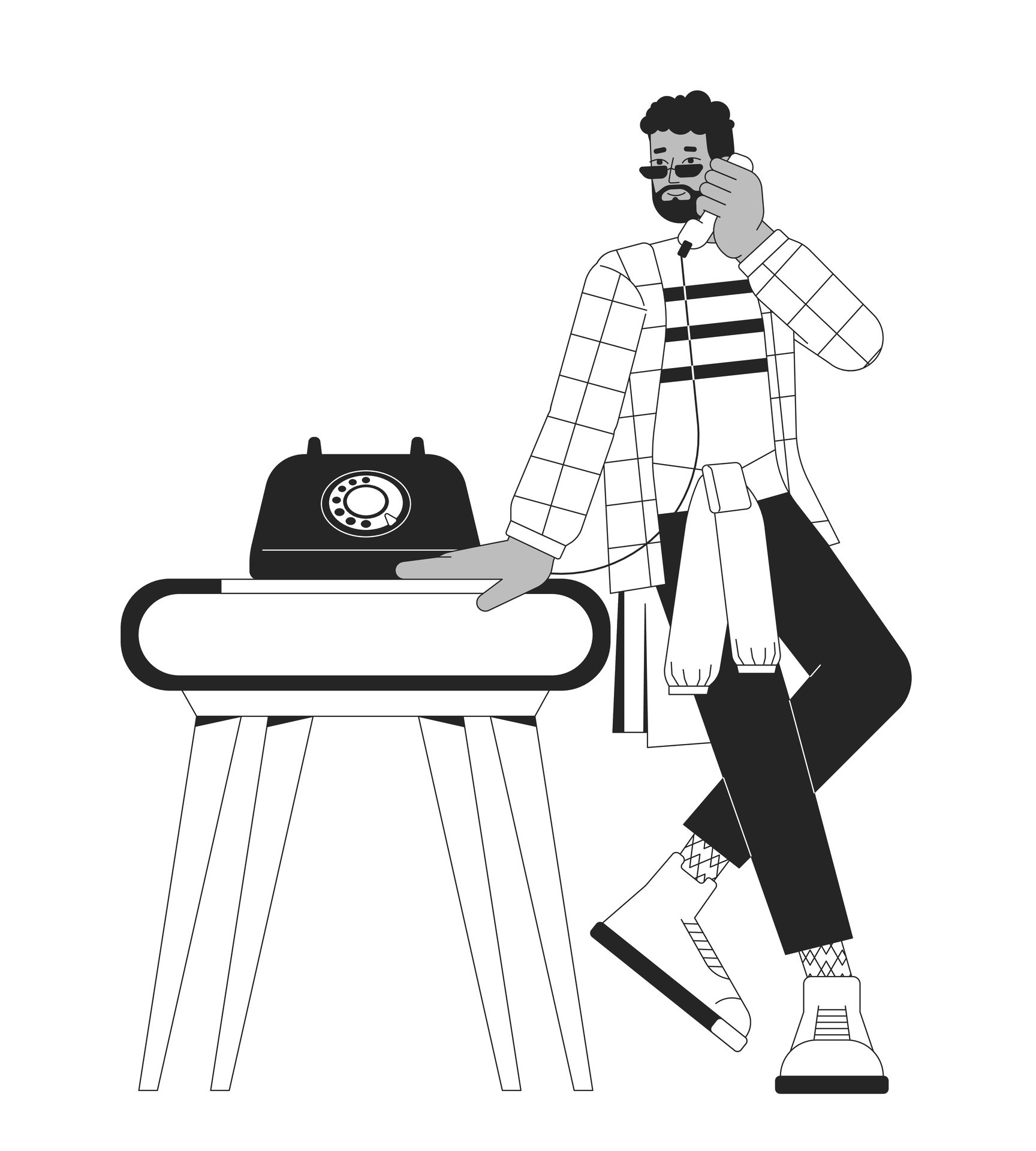 Talking on rotary dial phone black and white cartoon flat illustration