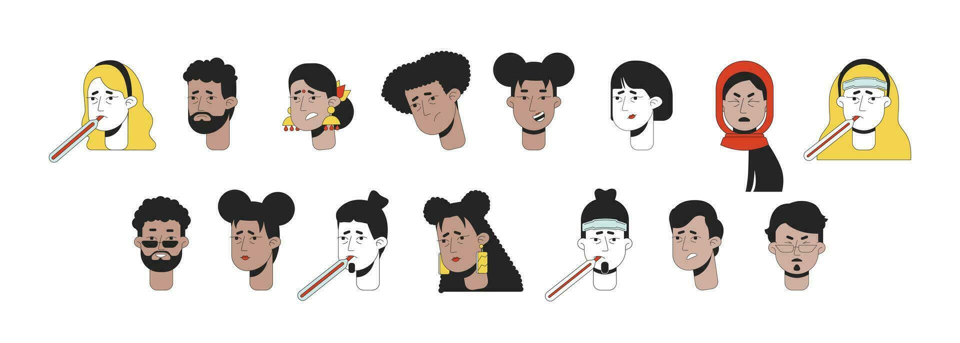 Feeling sick diverse 2D linear vector avatars illustration bundle. Thermometer in mouth, aching women, men outline cartoon character faces collection. Suffer flat color user profile images isolated