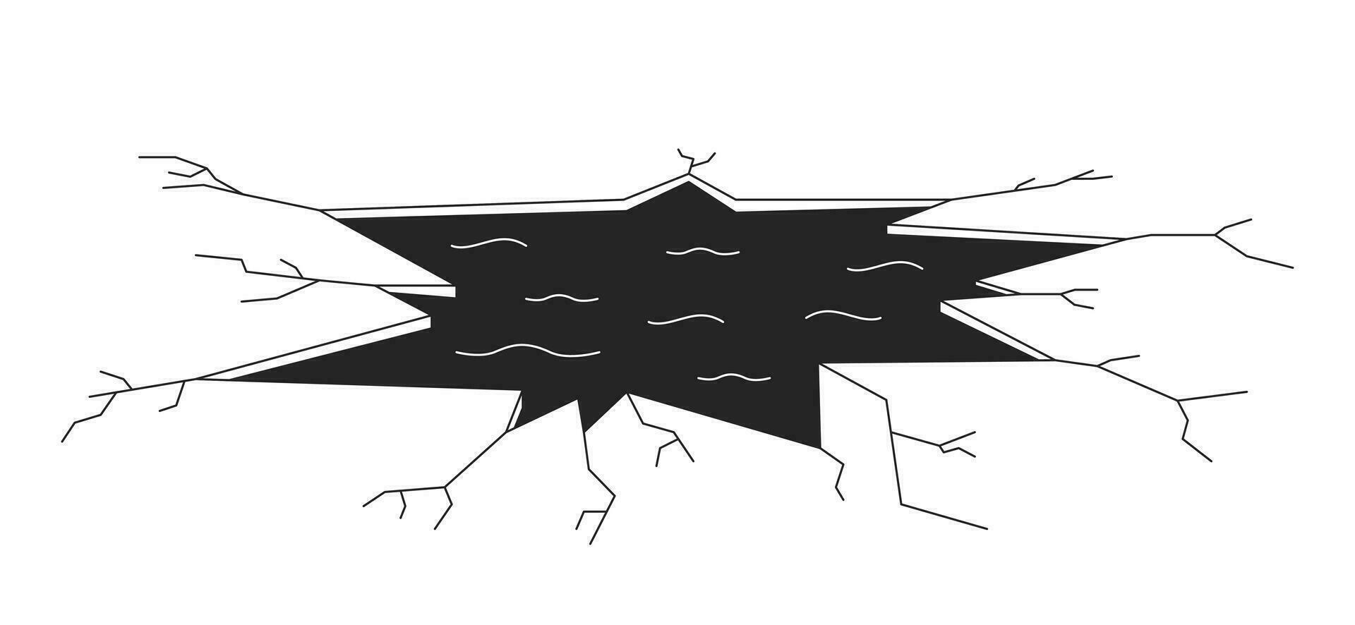 roto hielo agujero negro y blanco 2d línea dibujos animados objeto. congelado lago hielo grietas primavera, redondo hueco aislado vector contorno artículo. peligroso sitio invierno monocromo plano Mancha ilustración