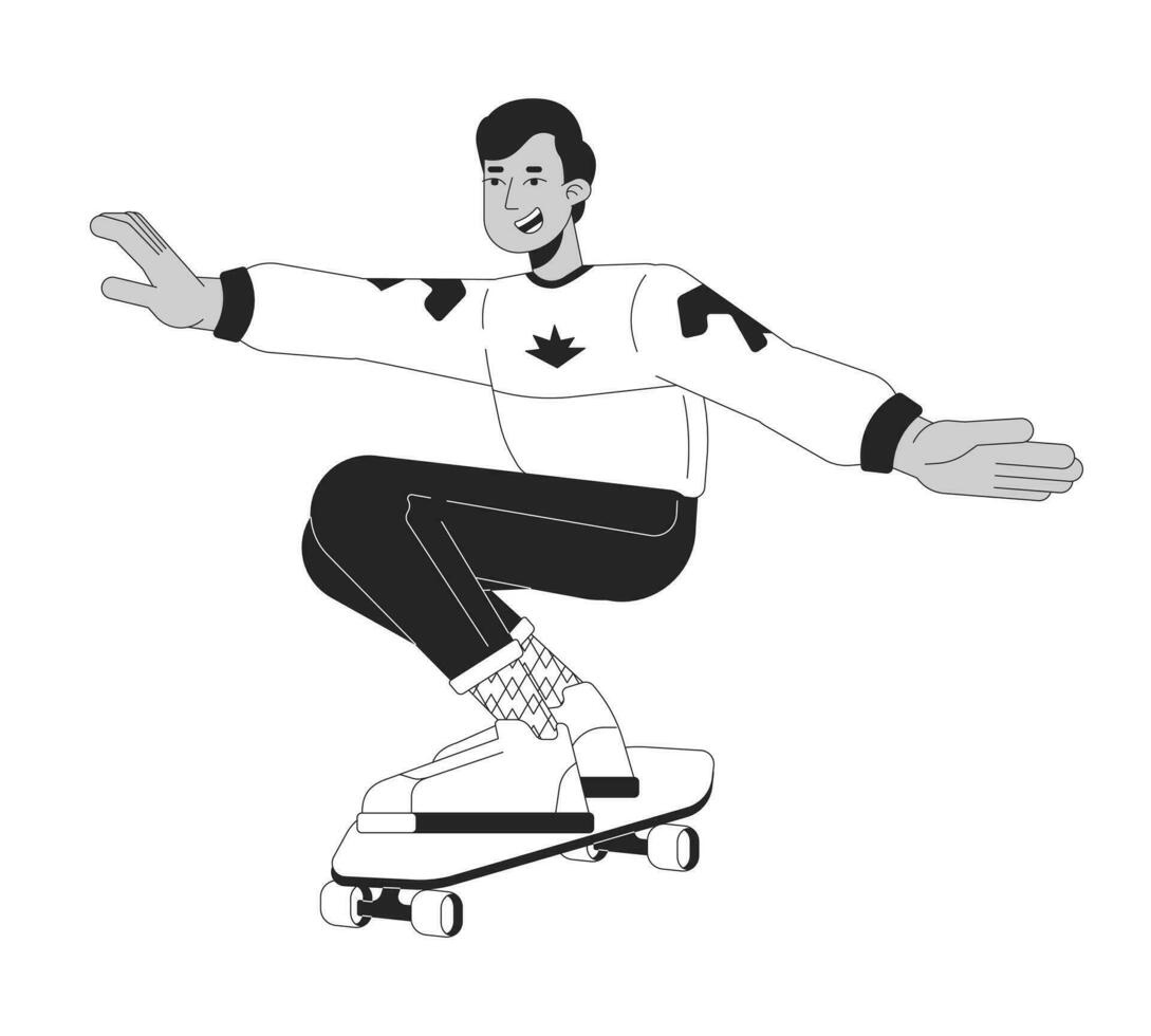 80s skateboarder teenage boy black and white cartoon flat illustration. Indian male skater riding squatting 2D lineart character isolated. 1980s recreation monochrome scene vector outline image