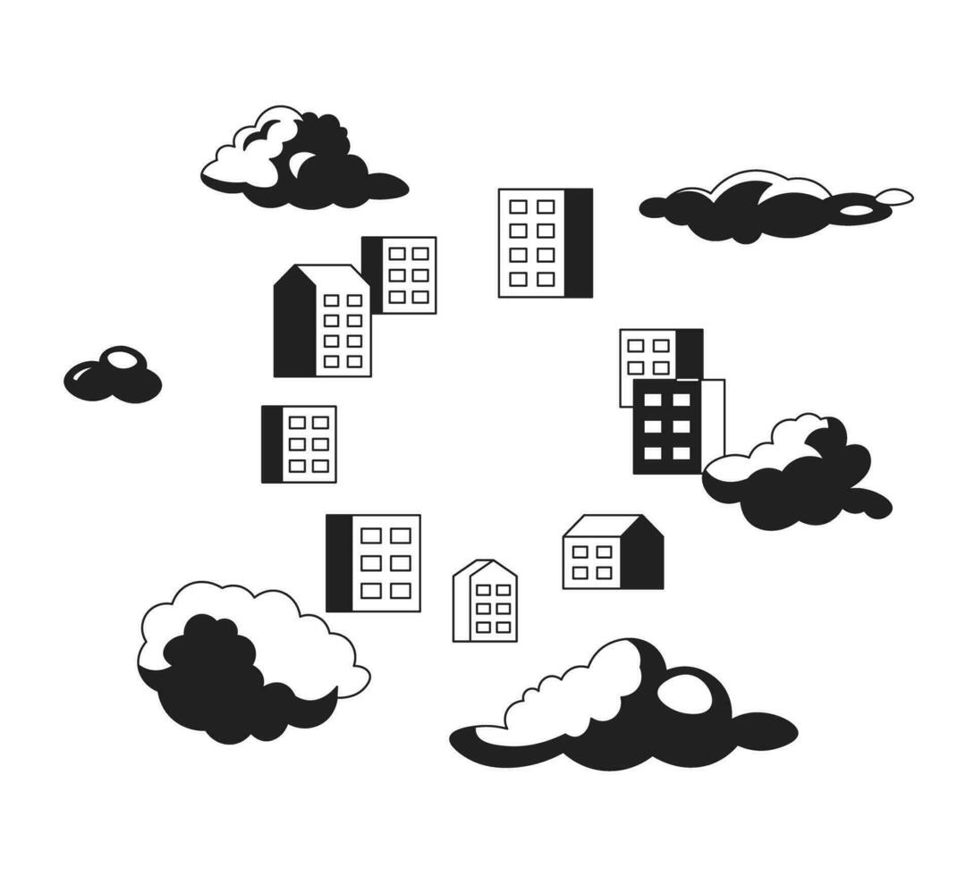 Condominium residential buildings in clouds black and white 2D cartoon object. Dream housing isolated vector outline item. Residential area. Neighborhood future monochromatic flat spot illustration