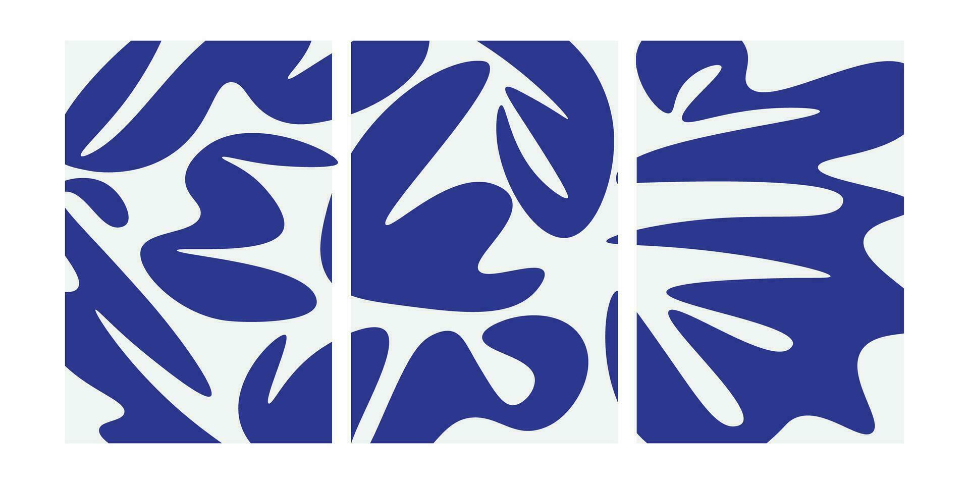 un conjunto de Tres resumen carteles diseños moderno pared Arte con orgánico irregular geométrico formas minimalista imagen para creativo diseño vector