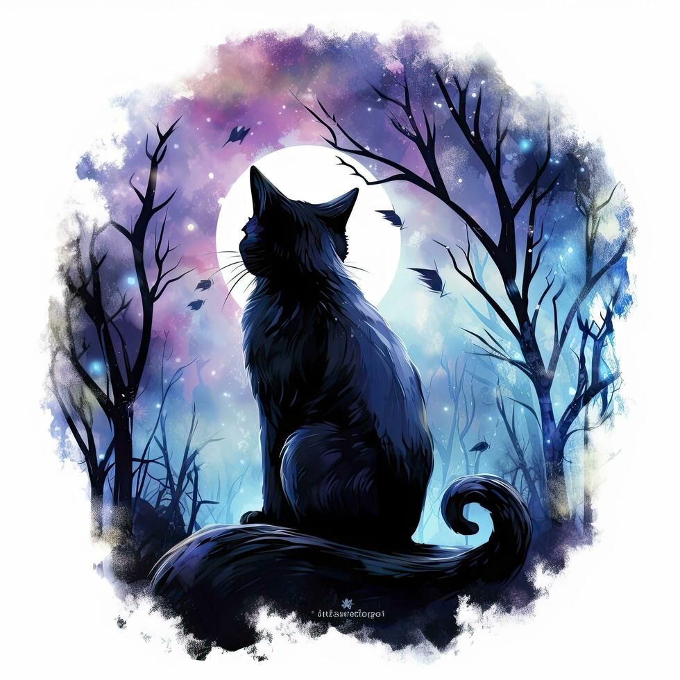 AI generated Black Cat in Moonlit Forest. Watercolor for T-shirt design. AI Generated photo