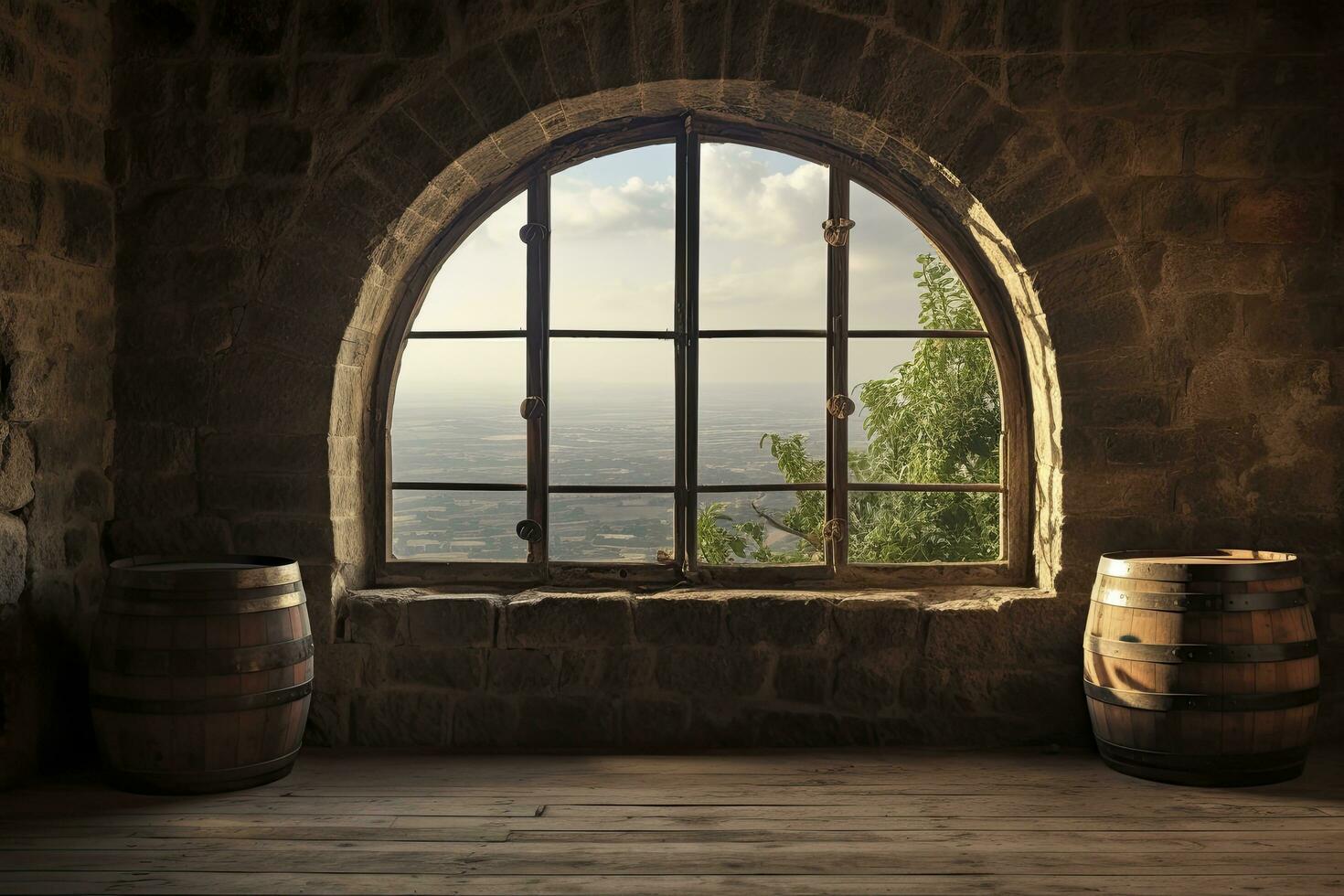 ai generado barril en un antiguo castillo junto a el ventana. ai generado foto