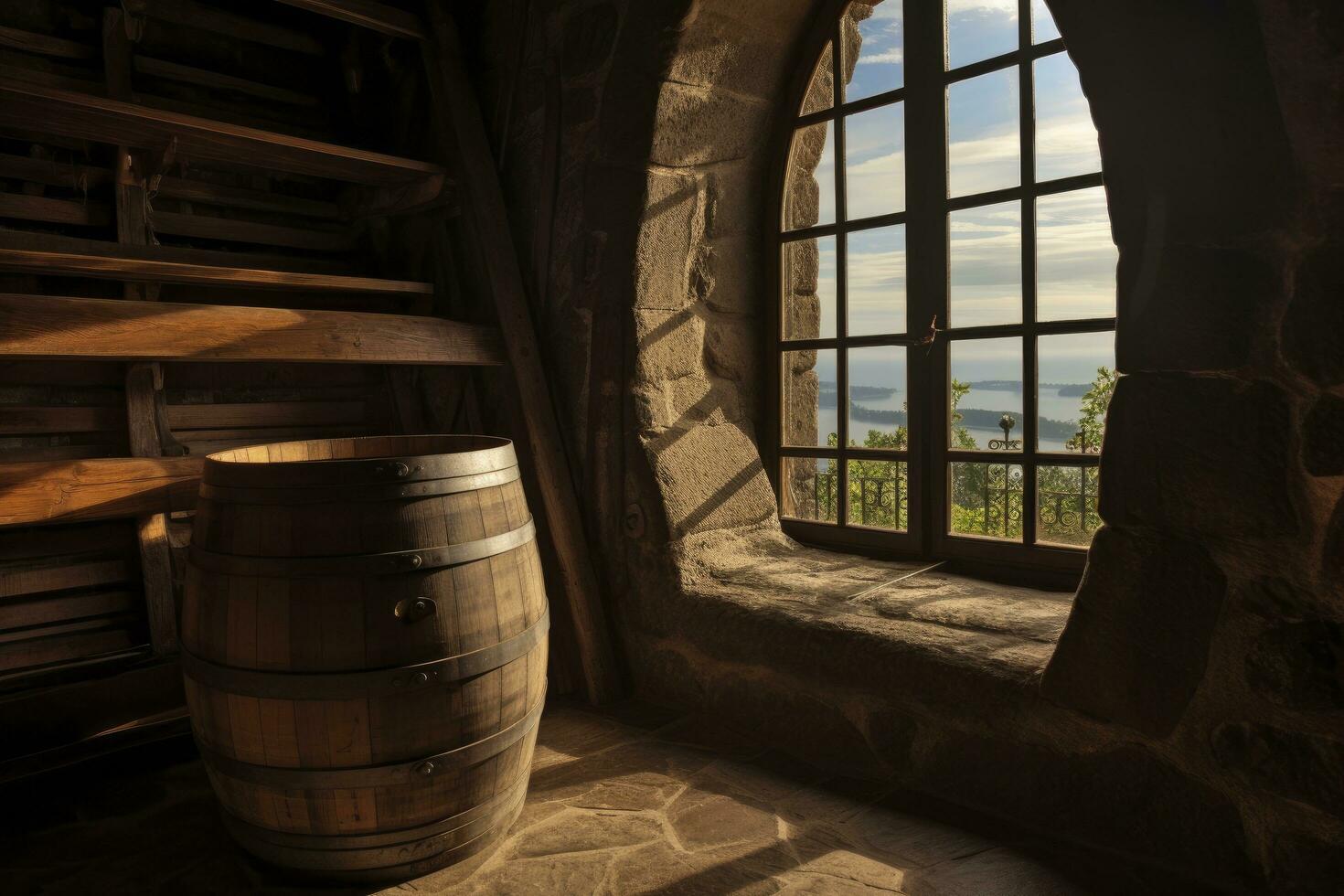 AI generated Barrel in an ancient castle beside the window. AI Generated photo