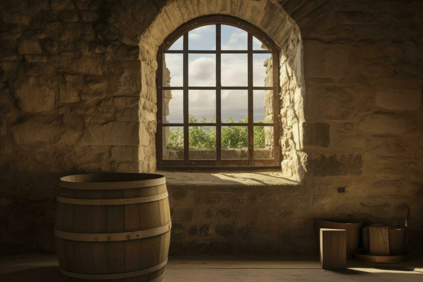 AI generated Barrel in an ancient castle beside the window. AI Generated photo