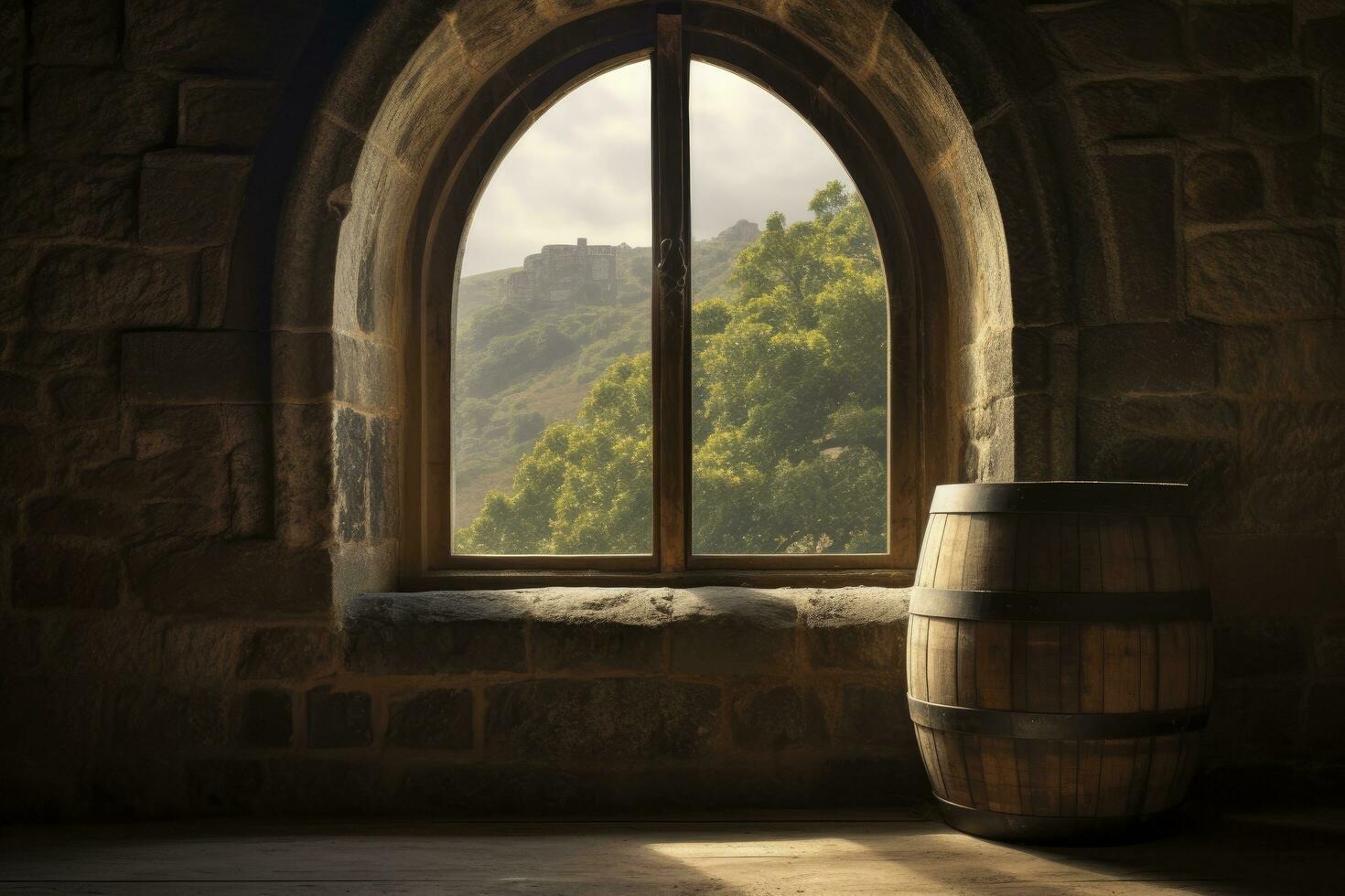 AI generated Barrel in an ancient castle beside the window. AI Generated photo