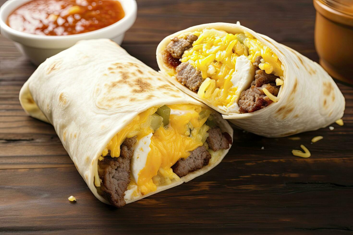 AI generated Breakfast burrito with sausage, eggs, hashbrown and cheese. AI Generated photo