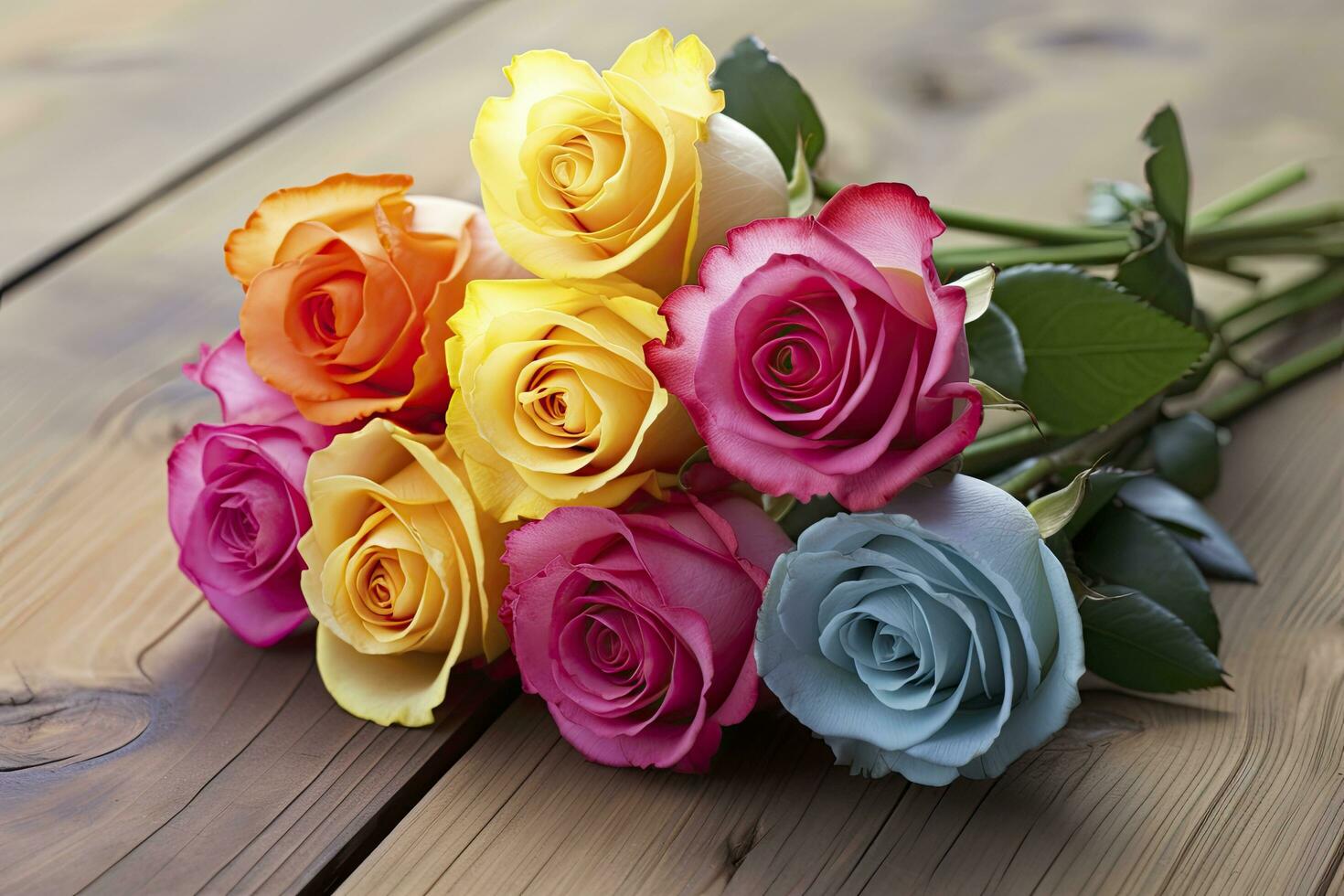 AI generated Bunch of multi colored roses on wooden planks, happy birthday lying on planks. AI Generated photo