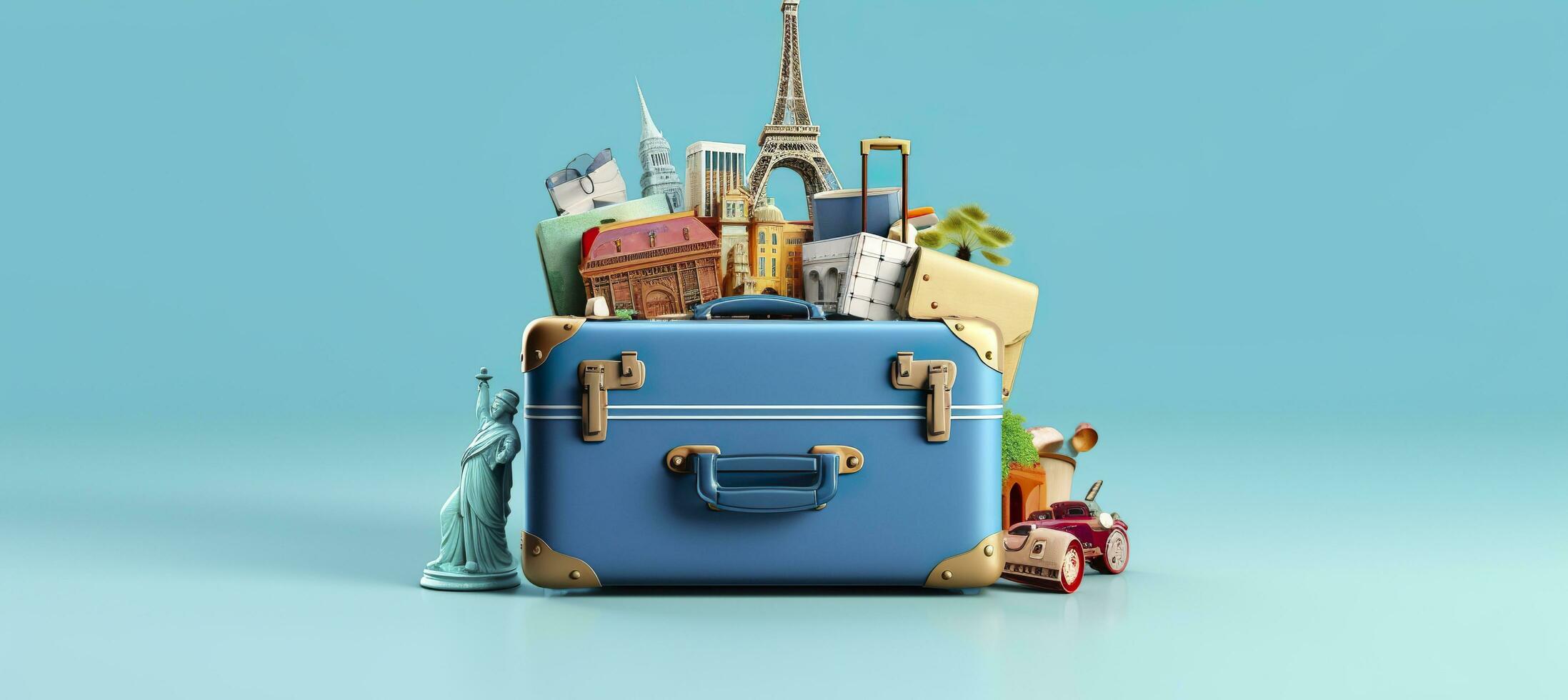 AI generated Blue suitcase full of landmarks and travel accessories on blue background. Generative AI photo