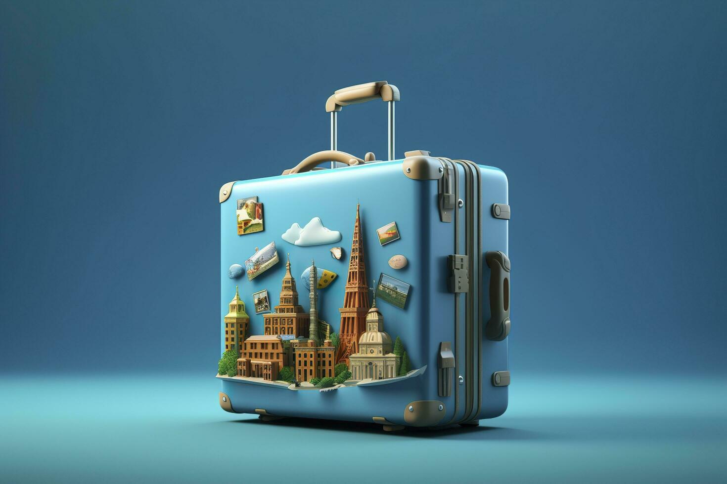 AI generated Blue suitcase full of landmarks and travel accessories on blue background. Generative AI photo