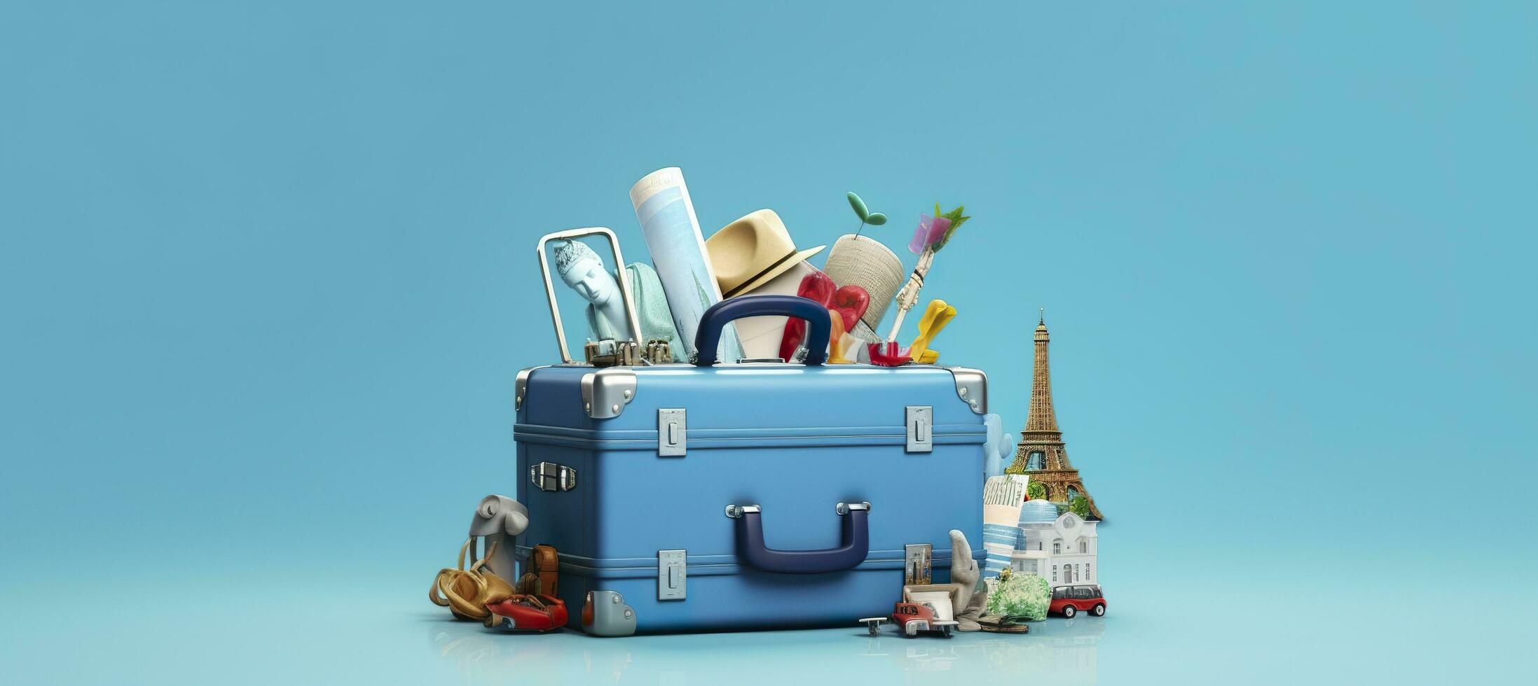 AI generated Blue suitcase full of landmarks and travel accessories on blue background. Generative AI photo