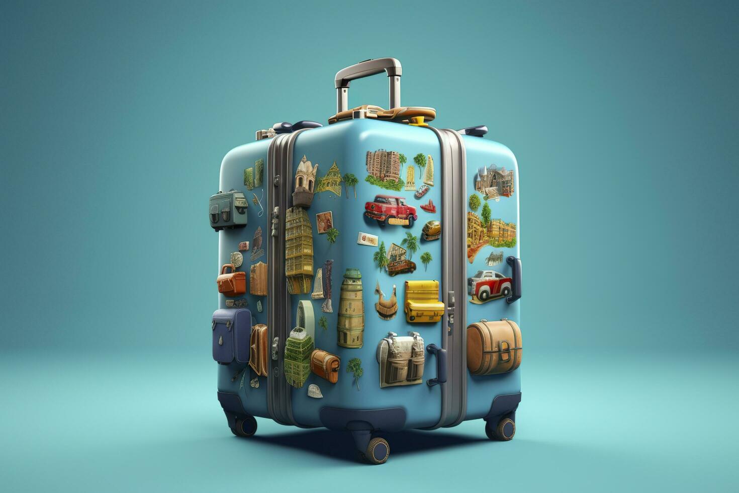 AI generated Blue suitcase full of landmarks and travel accessories on blue background. Generative AI photo