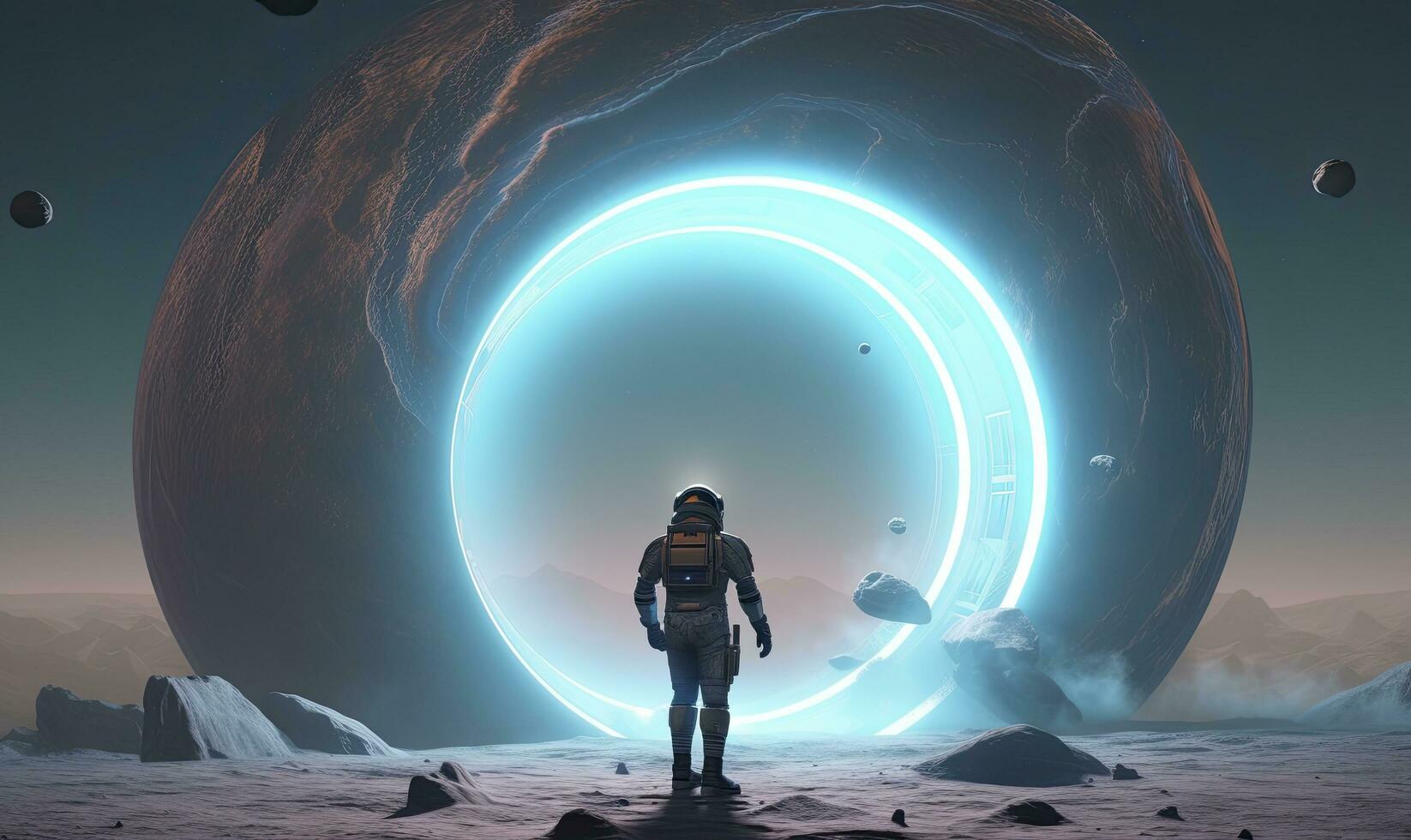 AI generated Astronaut in front of dimensional portal.  AI Generated. photo