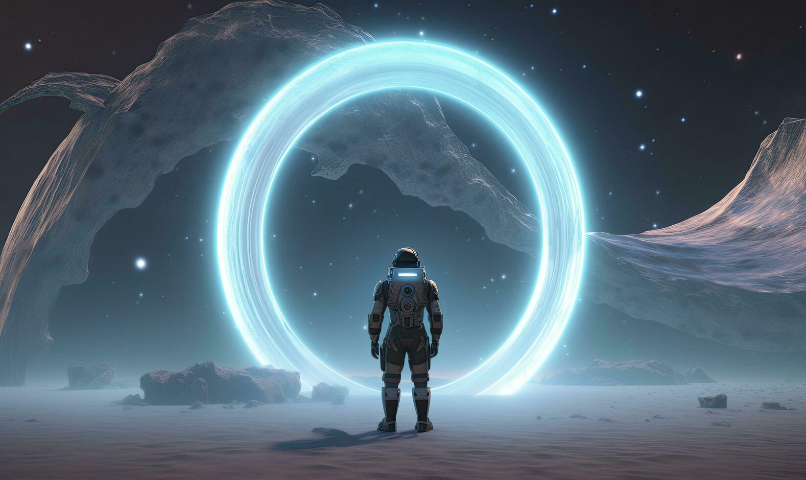 AI generated Astronaut in front of dimensional portal.  AI Generated. photo