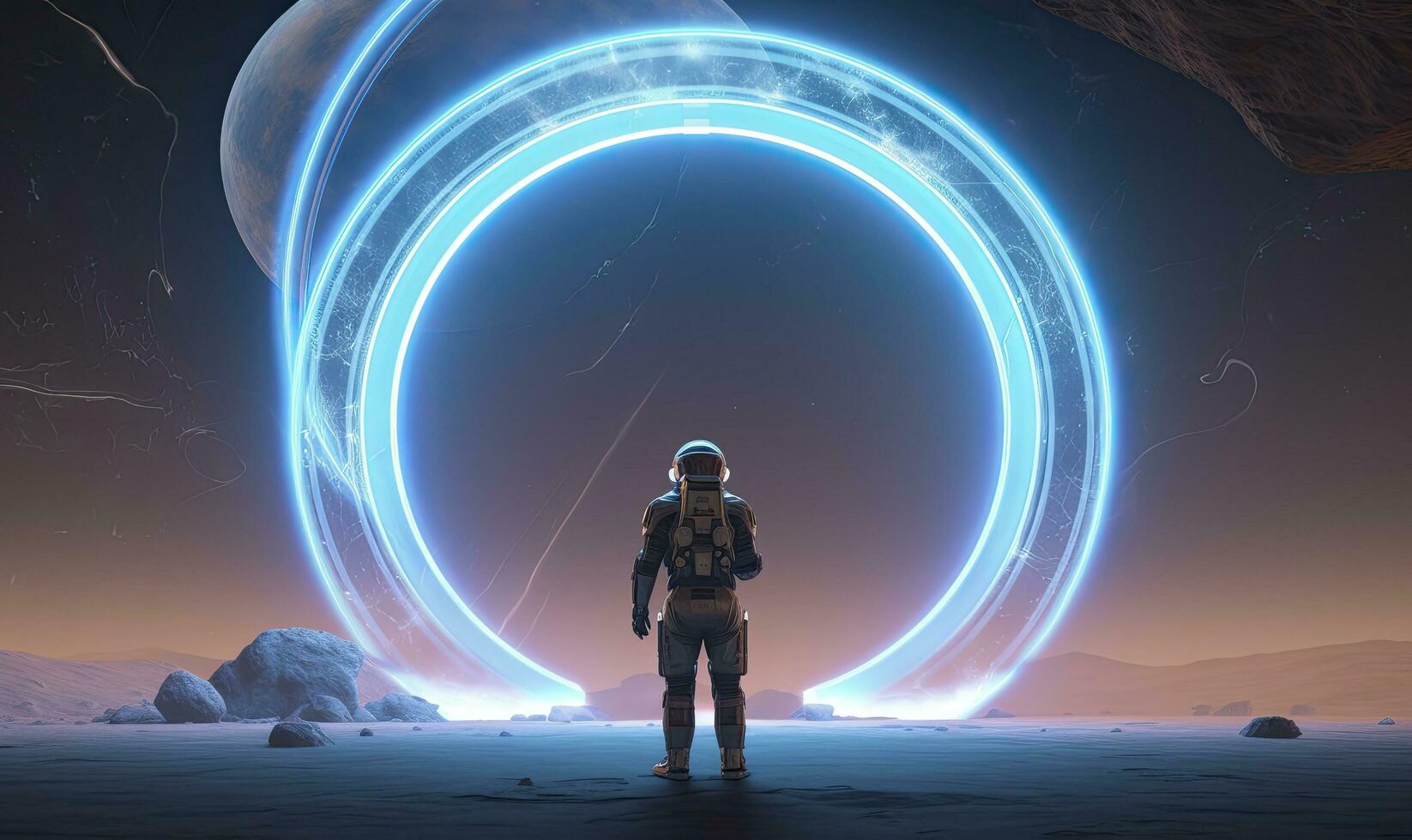 AI generated Astronaut in front of dimensional portal.  AI Generated. photo