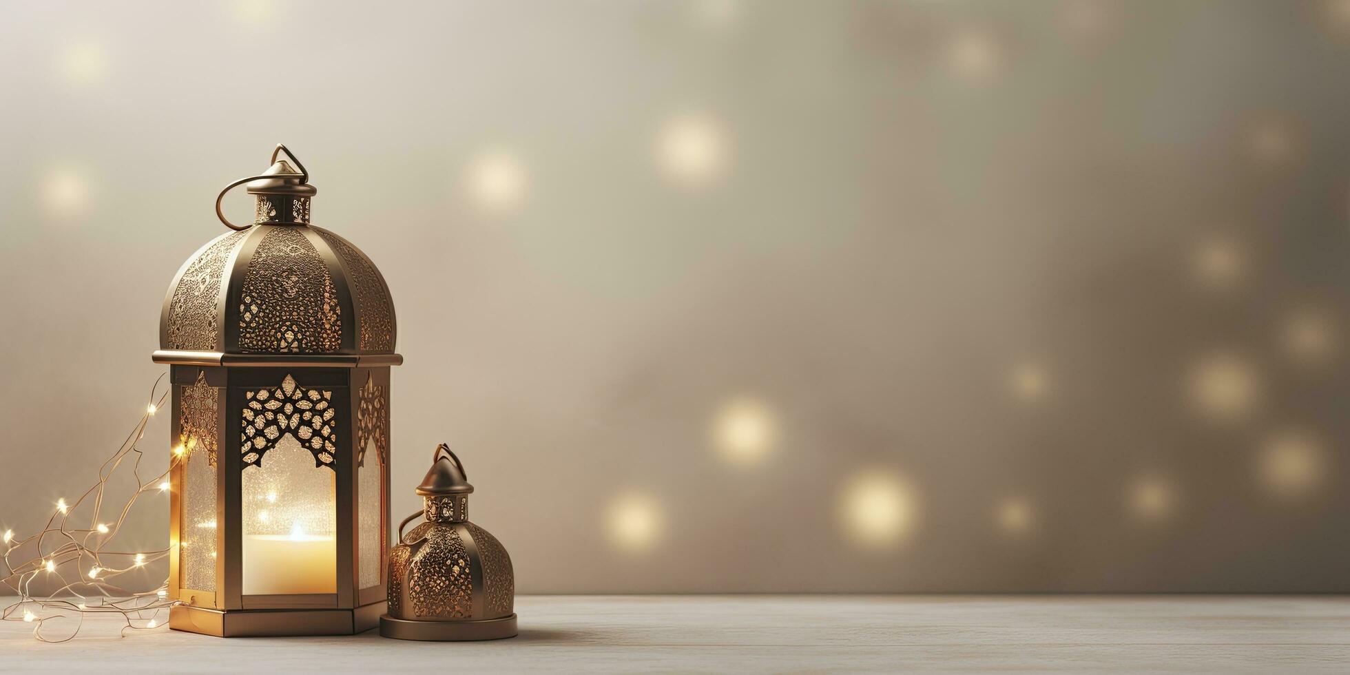 AI generated Celebration of islamic eid mubarak and eid al adha lantern in a light background. photo