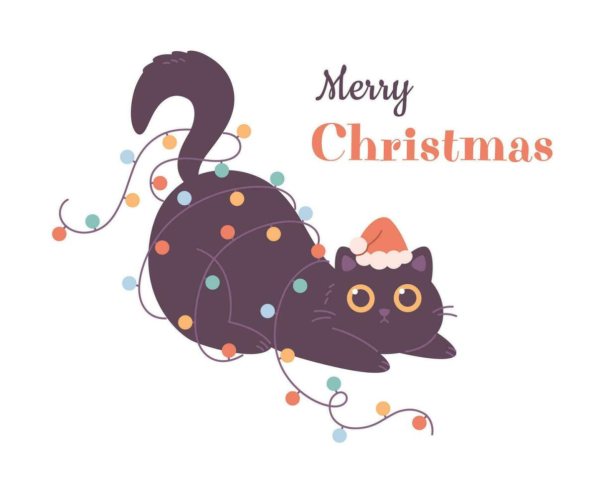 Cute black cat in Santa hat playing with Christmas garland. Merry Christmas and Happy New Year. vector