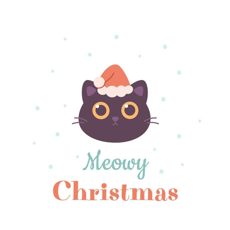 Merry Christmas greeting card with cute cat in Santa hat. vector