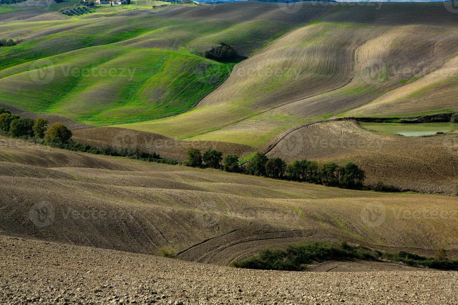 Harvested Fields and meadows landscape in Tuscany, Italy. Wavy country scenery at autumn sunset. Arable land ready for the agricultural season. photo