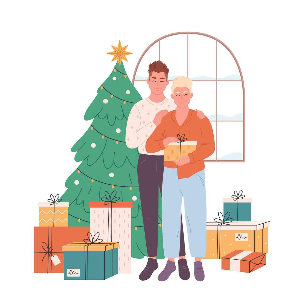 gay Pareja en pie cerca Navidad árbol con regalos y celebrando Navidad o nuevo año vector