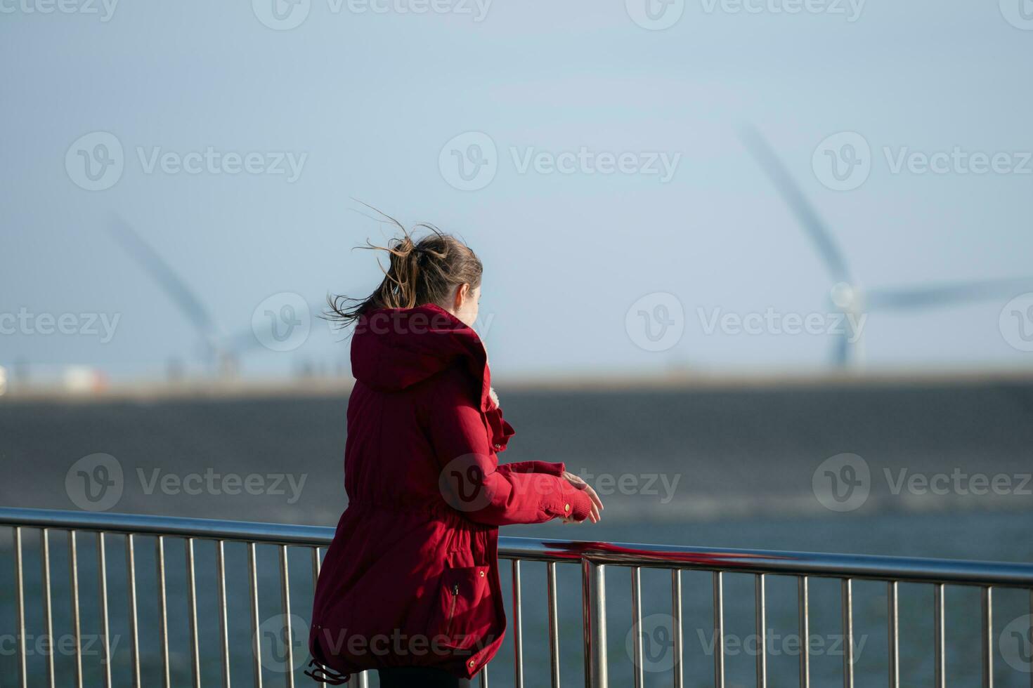 en el antecedentes de molinos de viento, un joven mujer en un rojo chaqueta es disfrutando su invierno vacaciones. foto