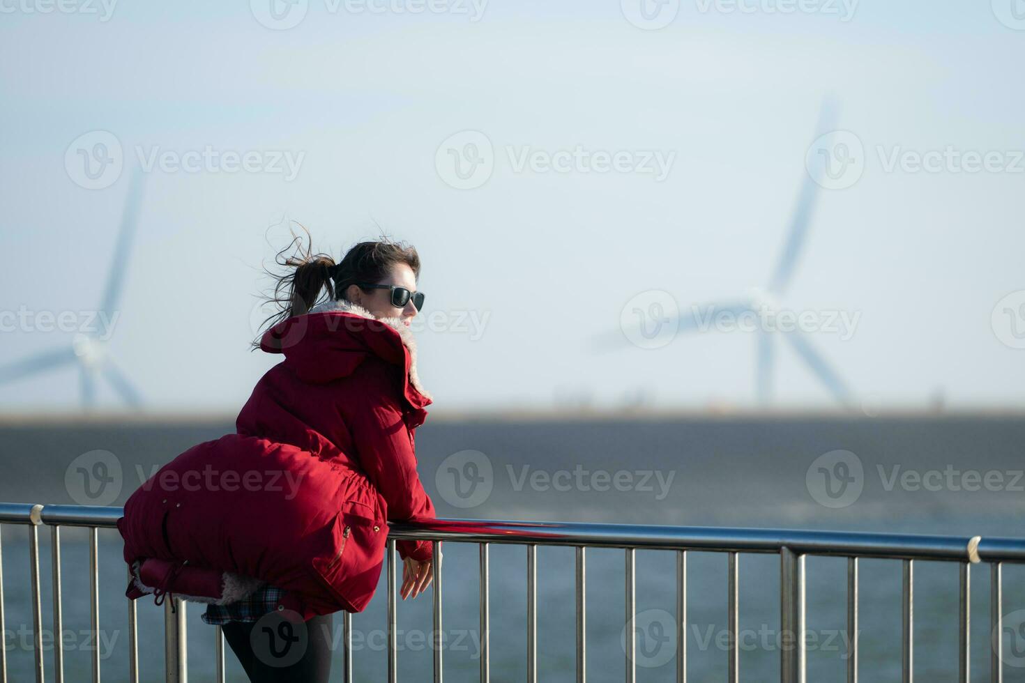 en el antecedentes de molinos de viento, un joven mujer en un rojo chaqueta es disfrutando su invierno vacaciones. foto