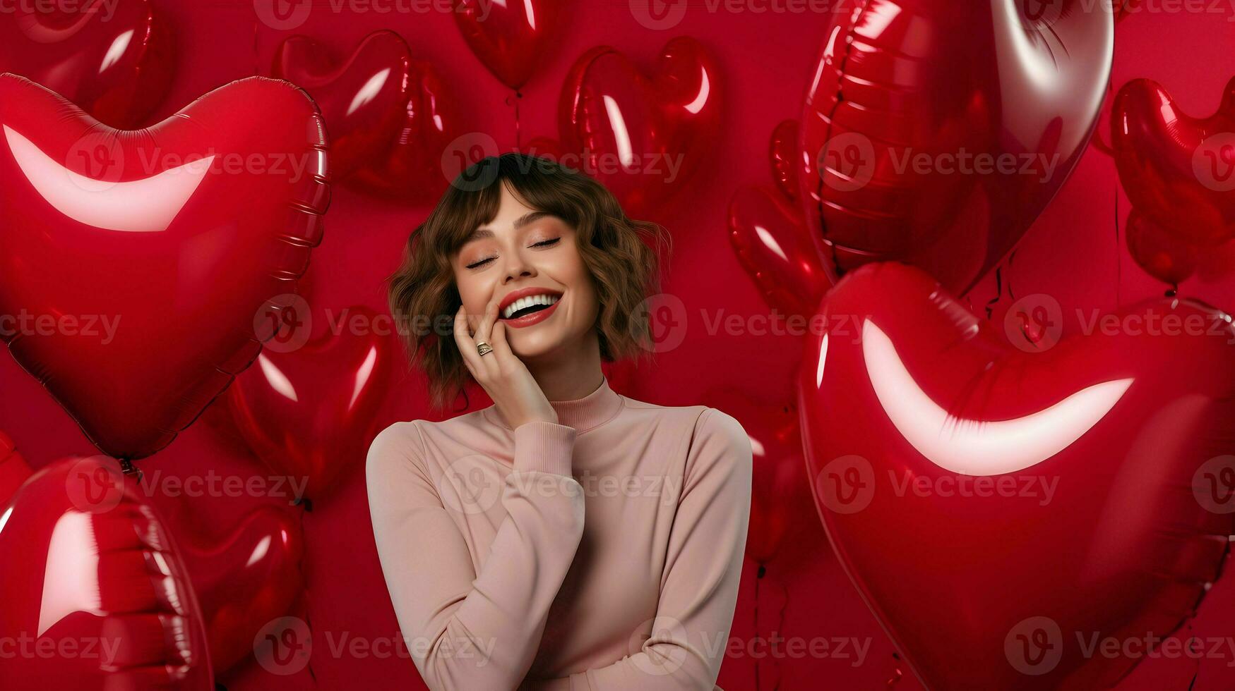 AI generated woman with heart shape balloon celebrating Valentine day photo