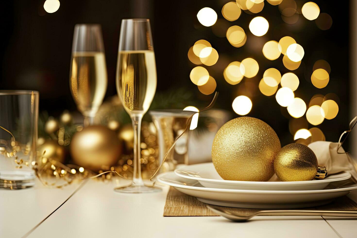 AI generated Christmas table setting with holiday decorations in wine bottle and wine glasses against bokeh background photo