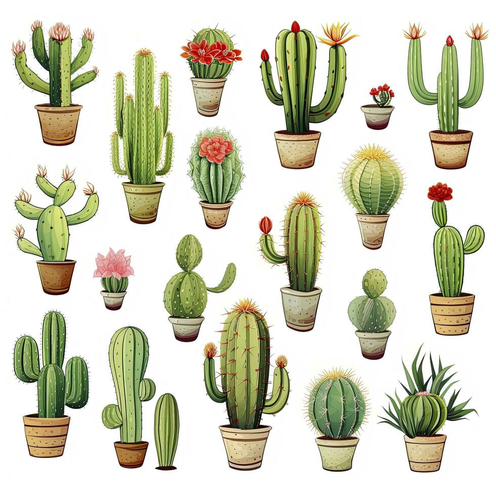 ai generado el cactus conjunto en blanco antecedentes. clipart ilustraciones. ai generado foto